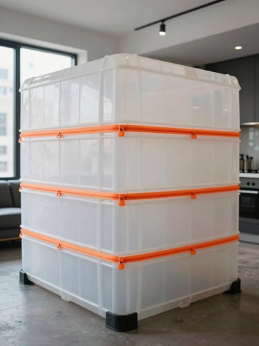Straight-on architectural shot of a heavy-duty plastic containment zone with safety orange zippers inside a modern Manhattan apartment, clean lighting.
