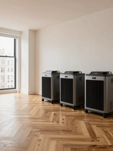 Architectural wide shot of a high-end Manhattan apartment with herringbone hardwood floors, heavy-duty industrial air movers and LGR dehumidifiers neatly positioned, bright clean lighting, no people.