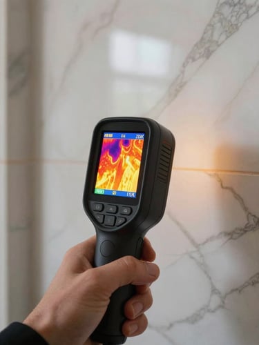 Close-up of a hand holding a professional thermal imaging camera, the screen displaying vivid high-contrast heat signatures of hidden moisture behind a luxury marble wall, bright architectural lighting.