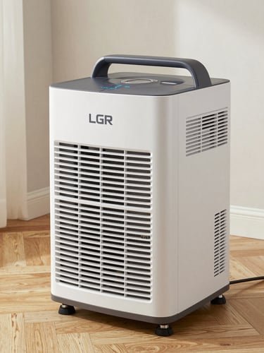 A close-up of a high-end LGR dehumidifier and air mover operating on a herringbone wood floor in a Manhattan apartment, bright crisp lighting