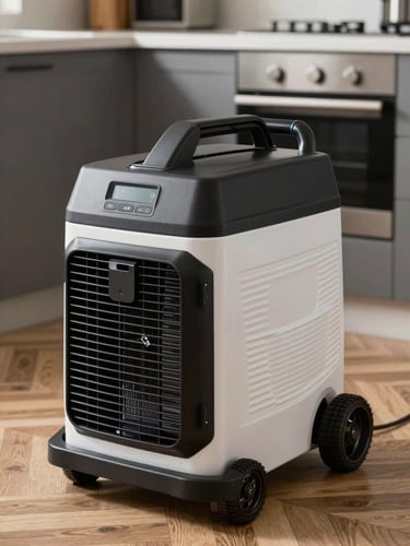 A crisp, high-contrast close-up of a professional air mover and LGR dehumidifier running neatly in a high-rise kitchen with herringbone wood floors.