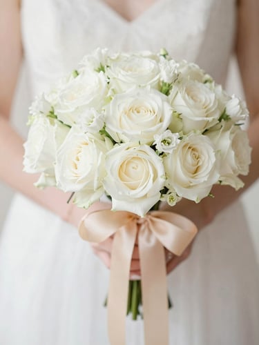 Close-up of a delicate bridal bouquet with white roses and champagne ribbons, soft diffused natural daylight, elegant and serene.