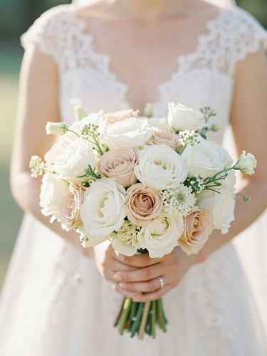 A serene close-up of a delicate bridal bouquet in warm white and champagne tones, held by a bride in a soft lace gown, diffused natural golden hour light, airy editorial photography.
