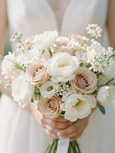 Airy editorial photography of a delicate bridal bouquet in warm white and champagne tones, soft natural daylight, shallow depth of field, elegant and serene.