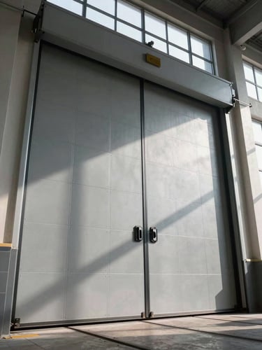 Low-angle power shot of a massive industrial sectional door, steel tracks visible, high-contrast daylight streaming through high windows, clean architectural grid lines