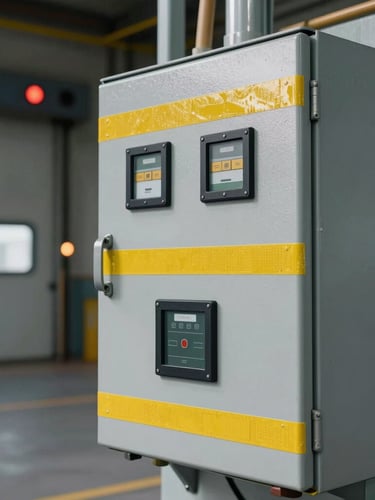 Close-up of a heavy-duty industrial control panel with safety yellow accents, mounted next to an active dock door with safety lights visible