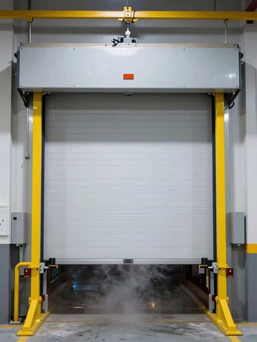 Straight-on elevation power shot of a massive high-speed roll-up door in an active cold-storage facility, high-contrast architectural lighting, vapor visible at the thermal barrier, crisp safety yellow structural tracks.