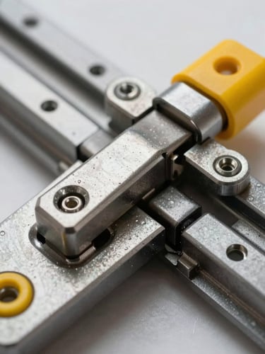 Macro detail of heavy-duty industrial door hinge and track assembly, safety yellow accents visible on steel components, sharp focus.