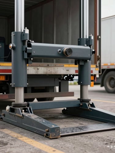 Straight-on elevation shot of a heavy-duty hydraulic dock leveler with a telescopic lip extended onto a freight truck bed, industrial environment