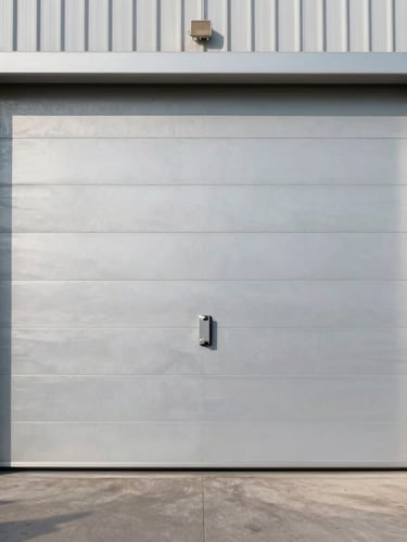 Straight-on elevation shot of a massive insulated sectional door installed in a modern logistics terminal, high-contrast architectural lighting.