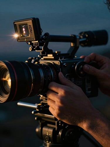 Close-up portrait shot of a film director's hands adjusting a focus wheel on a high-end cinema camera, low-light, dramatic key lighting, subtle anamorphic lens flare, deep shadows, 35mm film aesthetic, focus on the hands and lens.