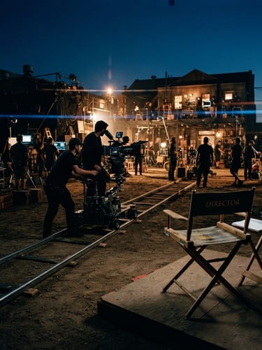 Wide panoramic view of a film set, a director's chair in the foreground to the right, a high-end camera rig with anamorphic lens on tracks in the mid-ground, crew members silhouetted against dramatic low-light, lens flares, deep shadows, rich gold and twilight blue tones, 35mm film grain.