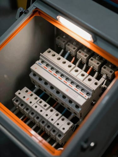 Extreme close-up overhead shot of an industrial electrical panel mid-installation in Morocco, terminal lugs and circuit breakers in sharp focus, orange safety tape visible along the panel edge, harsh overhead work light casting hard shadows on dark metal enclosure, no human presence, technical detail visible on every conductor