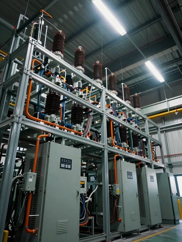 Wide environmental shot of an industrial electrical panel mid-installation inside a factory — dense cable trays, orange conduit markers, heavy-gauge wiring runs visible under harsh overhead fluorescent light, dark metal enclosures, no human presence, shot from a low angle showing height and scale of the infrastructure