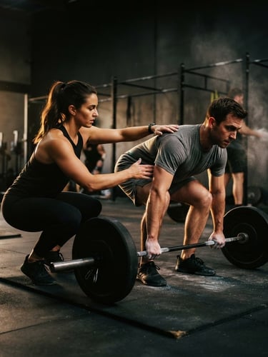 Dynamic low-angle portrait of a trainer correcting a member's deadlift posture, warm dramatic side lighting casting shadows, deep charcoal gym environment, sharp focus, 35mm lens