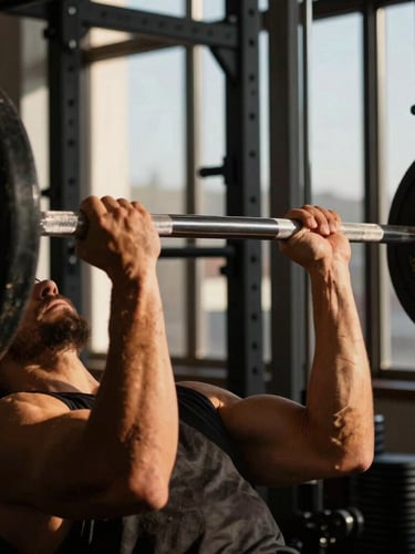 Dramatic action shot of a member lifting weights, side-lit window daylight casting sharp shadows, warm amber tones on skin, modern black steel equipment in background