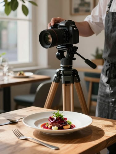 A professional camera on a wooden tripod in a sunlit Scandinavian restaurant, capturing a chef plating a dish, soft natural light, shadows of leaves, 35mm