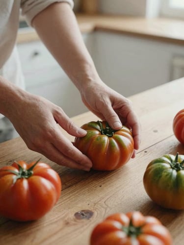Close-up of hands arranging fresh heirloom tomatoes on a rustic wooden table, soft natural northern light, minimalist Scandinavian kitchen setting, 35mm photography