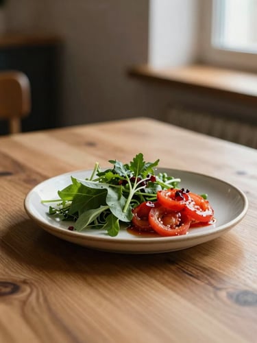 Warm editorial photography, soft natural northern light, a rustic Scandinavian restaurant wooden table with a single ceramic plate and fresh ingredients, 35mm