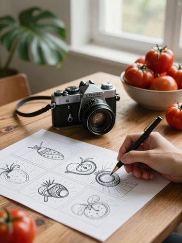 Warm editorial photography of a wooden table with a vintage camera, hand-drawn storyboards, and a bowl of fresh tomatoes under soft northern window light, 35mm style