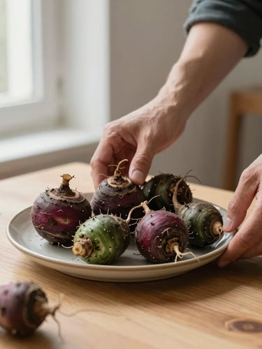 A professional photographer hands adjusting a ceramic plate of rustic root vegetables on a light oak table, soft morning window light, Scandinavian design aesthetic, 35mm