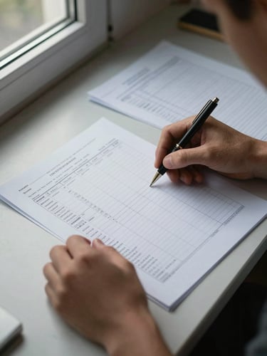 Close overhead view of hands reviewing a printed planning document on a desk, a pen resting beside it, natural window light from the left side, papers with structured columns and notes visible, quiet working environment