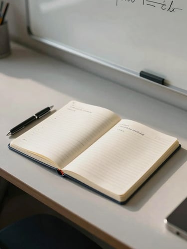 Wide environmental shot of a clean office planning surface in natural daylight — a notebook open to structured notes, a pen resting beside it, and a whiteboard partially visible in the background; overhead angle, calm and ordered