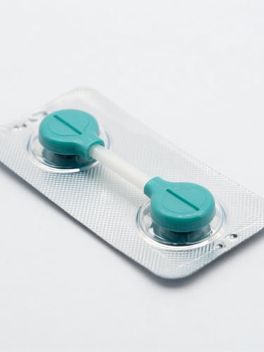 Macro shot of sealed medical device packaging under bright sterile white light, clean clinical photography, teal and white tones, sharp focus, 50mm