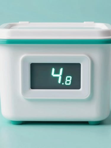 Close-up of a sealed medical transit container with a glowing digital temperature display showing 4 degrees Celsius, sterile teal background, clean clinical photography, bright neutral studio lighting, sharp focus