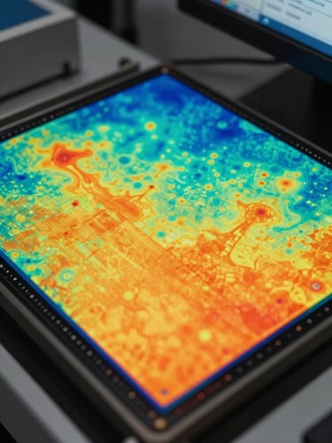 Close-up thermal false-color imaging of a SiC power module under sustained switching load on a test bench, vivid cyan and orange heat map gradients showing uniform thermal distribution across the die surface, documentary-style harsh overhead lighting, data readout visible at the edge of frame on a monitor screen