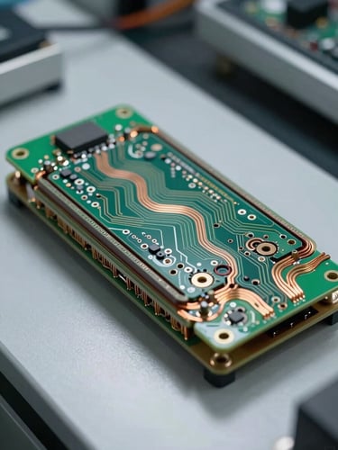 Cross-sectional cutaway photograph of a power electronics module on a test bench, circuit board trace layers and thermal interface material visible in section, documentary shop lighting with hard shadows, overhead angle showing layered substrate detail and copper interconnects