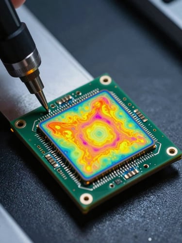 Extreme close-up overhead shot of a silicon carbide power module cross-section on a test bench, thermal false-color imaging overlay showing heat distribution across die attach layers, hard studio strobe lighting with deep shadows, precision measurement probe visible at left edge, dark slate background