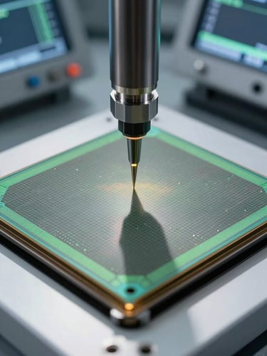 Extreme close-up overhead shot of a silicon carbide wafer on a clean-room test bench, precision probe needles making contact with die pads, hard studio strobe lighting casting sharp shadows on the wafer surface, measurement data visible on instrument screens in the background, no people