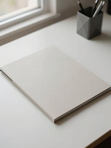 Overhead view of a clean minimal desk surface, a single closed folder and a geometric pen holder in the upper right corner, soft diffused natural light from a window to the left, no people, muted neutral tones, wide negative space