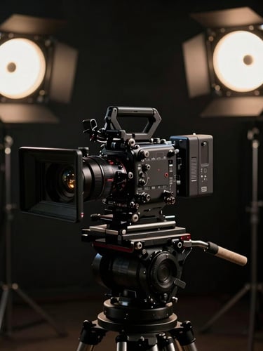 Cinematic low-key lighting on a premium film set, high-end cinema camera on a dolly in the foreground, soft key lights with deep shadows, rich dark tones, 35mm anamorphic lens