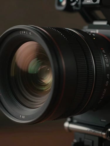 Cinematic close-up of a premium anamorphic camera lens on a dark, moody film set, soft side-lighting, rich charcoal tones.