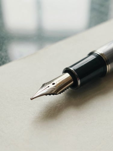 Macro detail of a vintage fountain pen resting on heavy cream paper, soft overcast window light, muted forest green tones, architectural shadows