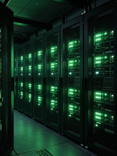 Wide architectural shot of a futuristic server farm, with glowing emerald lights and deep shadows, clean lines, 35mm anamorphic lens, low-key dramatic lighting.