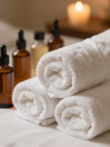 Close-up of clean rolled white towels arranged neatly next to premium massage oils in amber glass bottles, warm soft ambient bedside lighting, luxury spa setup.