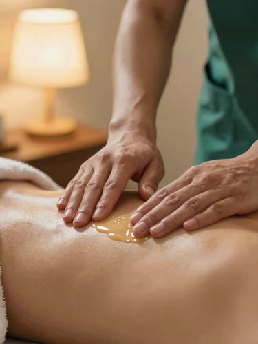 Close-up of a professional therapist hands applying smooth pressure with warm oil on a back, neat uniform sleeve visible, warm ambient bedside lamp lighting, shallow depth of field
