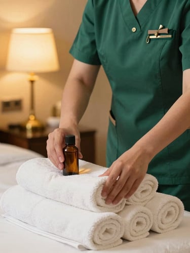 Close-up of a professional therapist in a neat emerald-green uniform arranging clean rolled white towels and amber oil bottles, soft warm bedside lighting, luxury hotel setting, elegant and safe atmosphere.