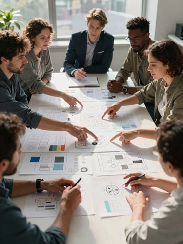 Wide editorial shot of a diverse agency team gathered around a large table covered in brand concept boards, hands pointing at sketches, documentary office lighting, late-afternoon window light catching the paper, shot from a slightly elevated angle