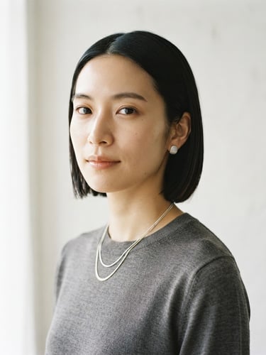 Minimalist portrait of a Japanese woman with sleek, shiny hair, soft natural window light, clean off-white background, elegant metallic textures, 50mm lens
