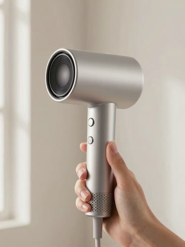 Sumei hair dryer held in hand, minimalist clean bathroom setting, soft diffused natural light, focus on the lightweight ergonomic design, 50mm lens
