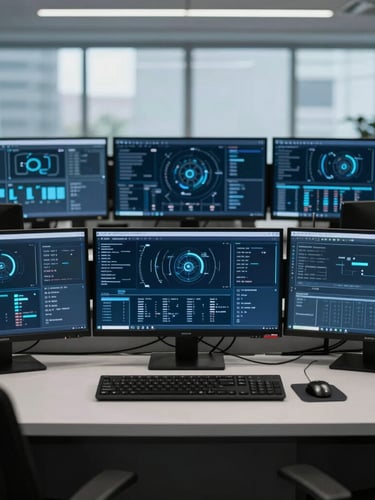 Clean overhead desk layout in a high-tech operations center in Mumbai, showcasing multiple monitors with data dashboards, cool diffused office daylight, sharp architectural focus, desaturated navy and charcoal tones, 35mm
