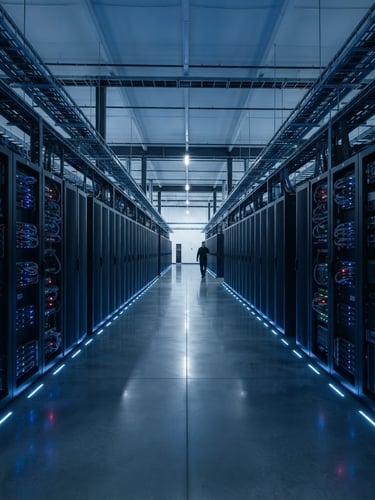 Wide architectural shot of a modern, high-security data center interior, cool blue ambient light, sharp focus, desaturated navy and charcoal tones, 35mm