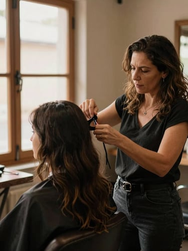 Liza, uma mulher brasileira de 40 anos, com expressão focada e gentil, trabalhando em seu salão de beleza. Ela está com uma cliente, suas mãos estão ativas em um penteado, com luz natural quente vindo de uma janela lateral. O ambiente é acolhedor e real, com tons terrosos.