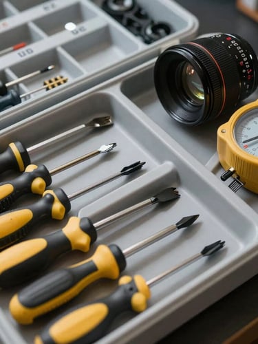A clean, organized technician toolkit with labeled compartments, precision screwdrivers, and diagnostic meters on a dark surface