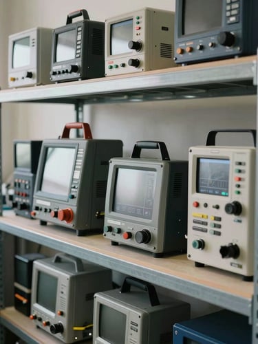 A clean, organized technical workshop in Al Nahyan Abu Dhabi, diagnostic equipment arranged neatly on metal shelves, natural indoor light