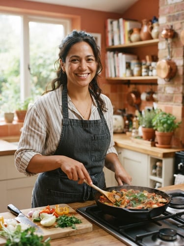 Portrait of a professional female chef smiling in a bright home kitchen, natural daylight, warm terracotta tones, 35mm photography